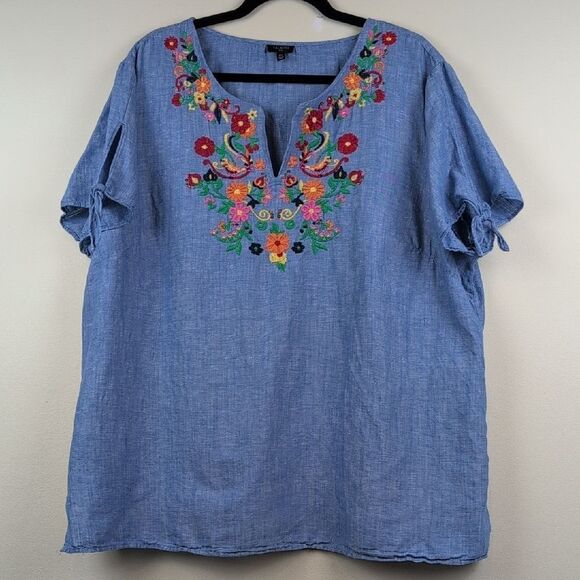 Talbots Plus Embroidered Blue Linen Popover Blouse Top Size 2X - Picture 2 of 11